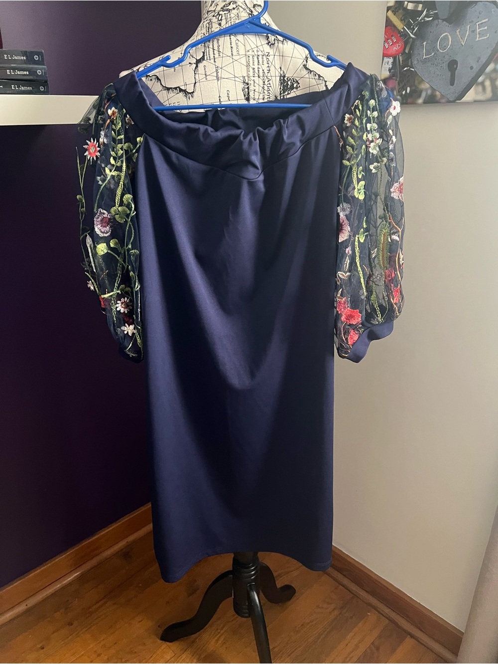 7 for $30 SHEIN Navy Off-Shoulder Dress with Floral Embroidered Sheer Sleeves